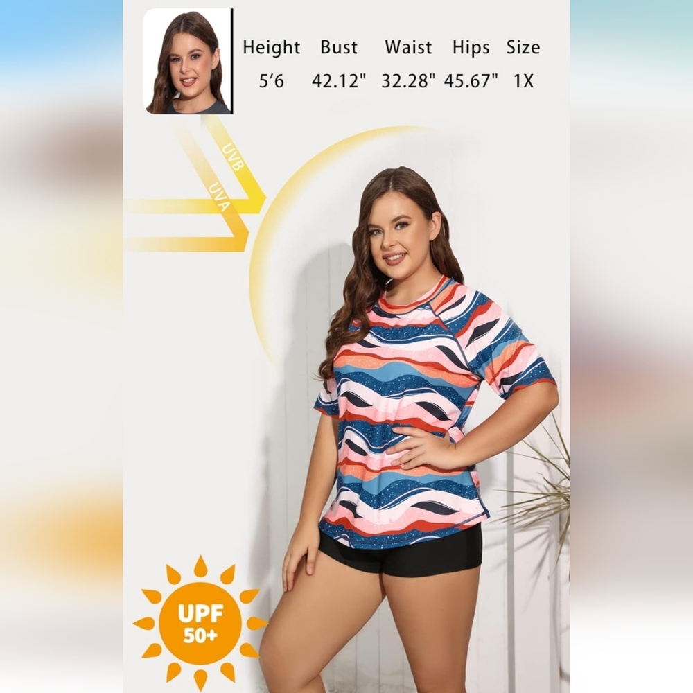 Two Piece PLUS SIZE Short Sleeve Rash Guard Colorful Wave Pattern Swim Set - Picture 4 of 6
